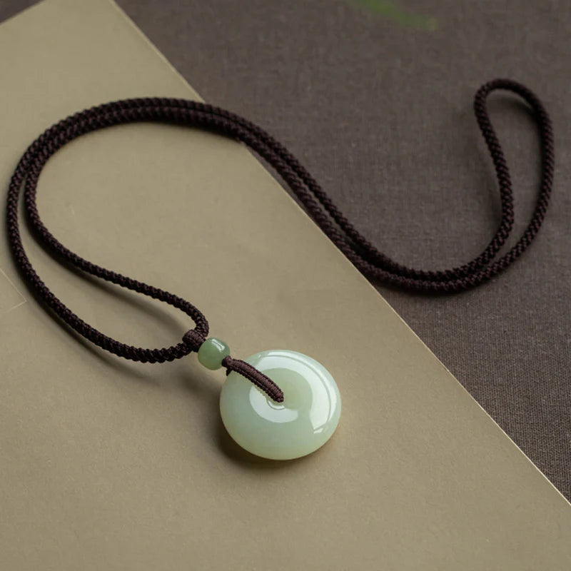 Buddha Stones Natural Round Jade Peace Buckle Luck Prosperity Necklace Pendant