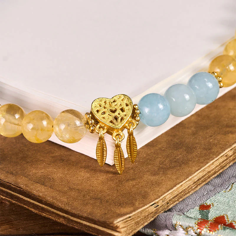 Buddha Stones Blue Chalcedony Citrine Heart Design Energy Key Chain Phone Hanging Decoration