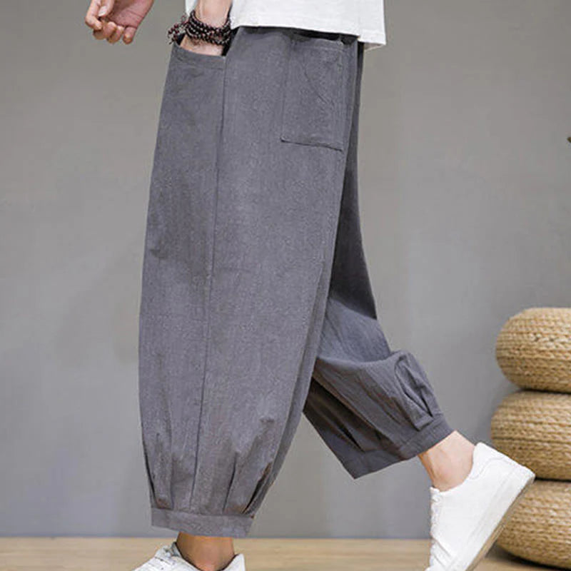 Buddha Stones Casual Plain Men's Cotton 7-8 Length Harem Pants With Pockets