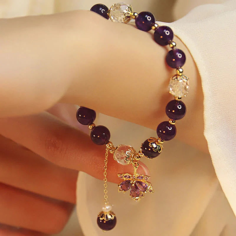 Buddha Stones 14k Gold Plated Natural Amethyst Healing Maple Leaf Charm Bracelet