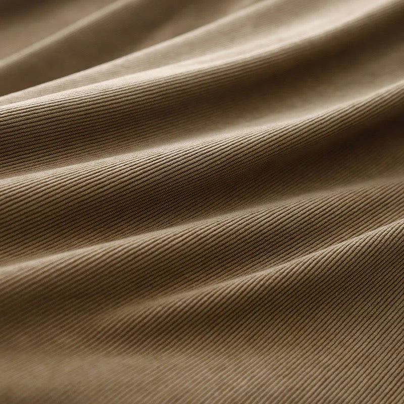 Buddha Stones Tan Solid Color Corduroy Puff Long Sleeve Midi Dress
