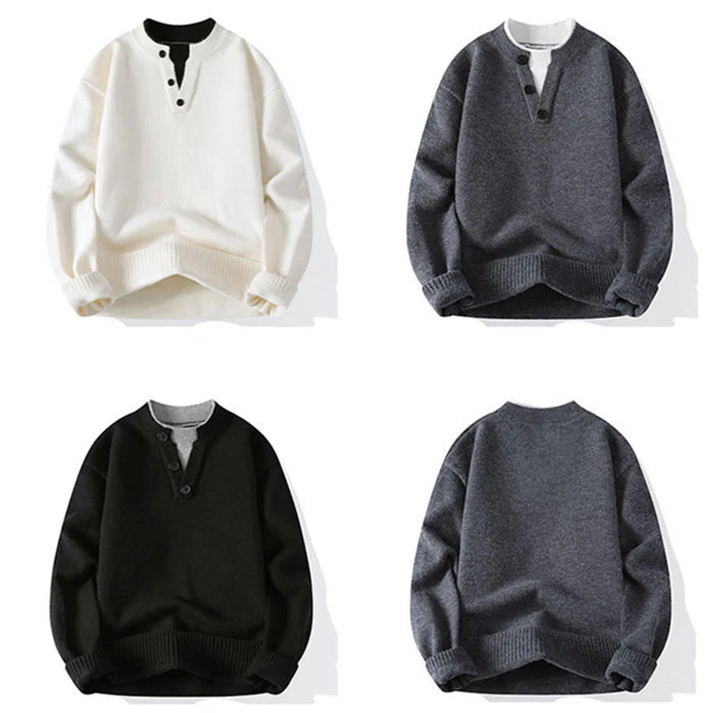 Buddha Stones Winter Buttons Crew Neck Design Warm Men's Long Sleeve Knitted Sweater
