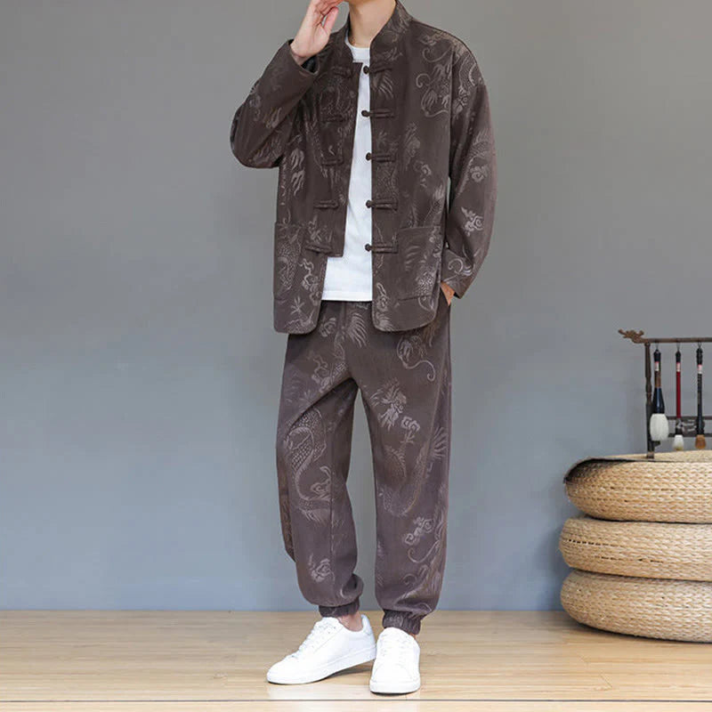 Buddha Stones 2Pcs Fall Winter Men's Tang Suit Dragon Frog-Button Cotton Corduroy Long Sleeve Jacket Pants Set With Pockets