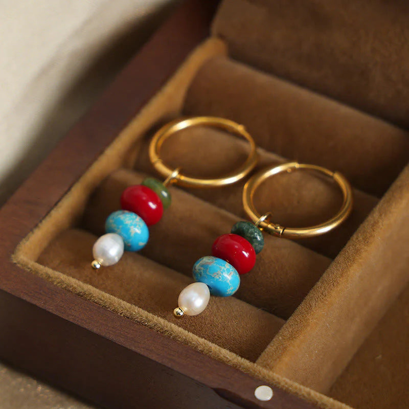Buddha Stones Tibetan Marnyi Stone Design Natural Red Agate Pearl Confidence Titanium Steel Earrings