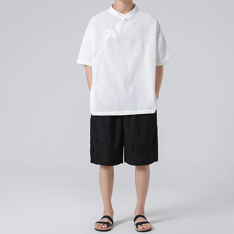 Buddha Stones Retro Pure Color Frog-Button Design Jacquard Flower Pattern Men's Short Sleeve Cotton Linen Shirt