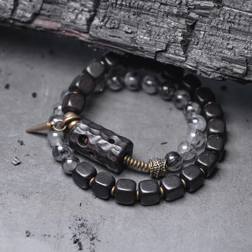 Buddha Stones Ebony Wood Black Rutilated Quartz Copper Brass Double Wrap Balance Bracelet (Extra 30% Off | USE CODE: FS30)