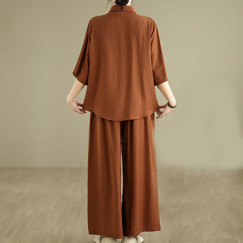 Buddha Stones 2pcs Casual Women's Stand Collar Shirt Loose Pants Meditation Clothing Set