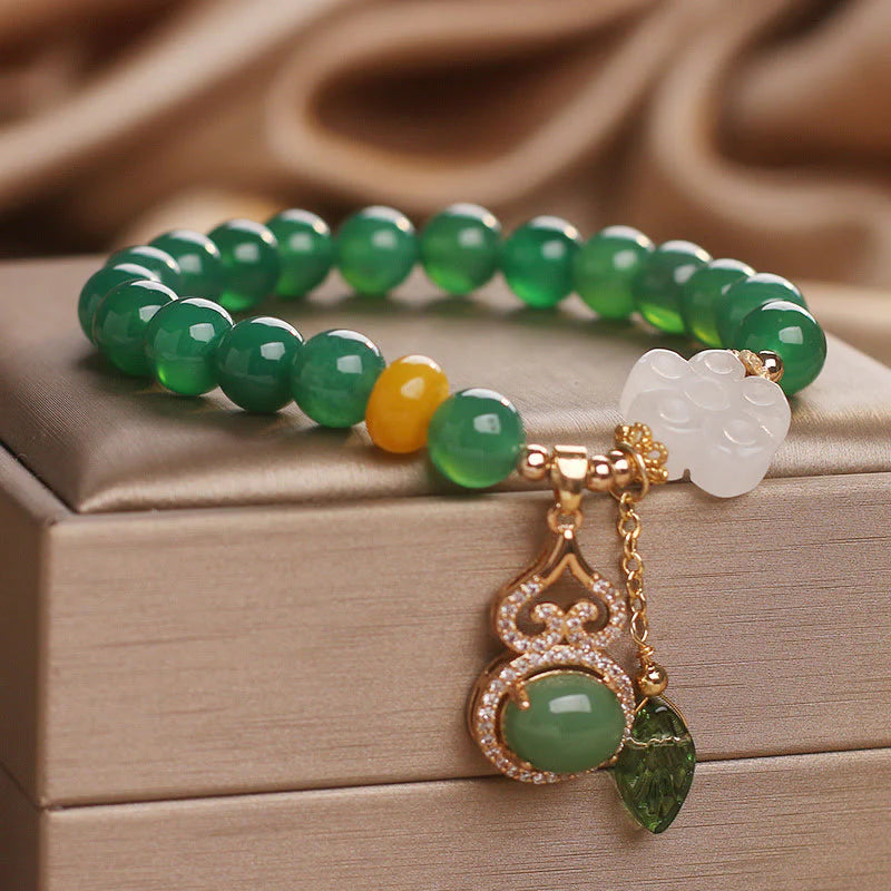 Buddha Stones Green Agate White Jade Flower Gourd Leaf Charm Support Bracelet