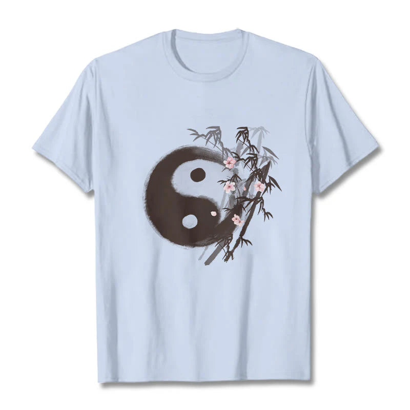 Buddha Stones Yin Yang Bamboo Cherry Blossom Pattern Tee T-shirt