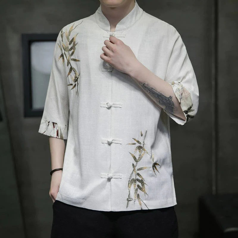 Buddha Stones Men's Frog-Button Bamboo Linen Half Sleeve Shirt
