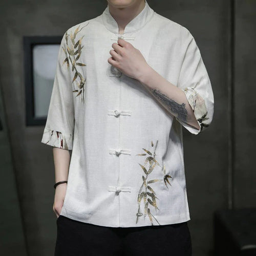 Buddha Stones Men's Frog-Button Bamboo Linen Half Sleeve Shirt