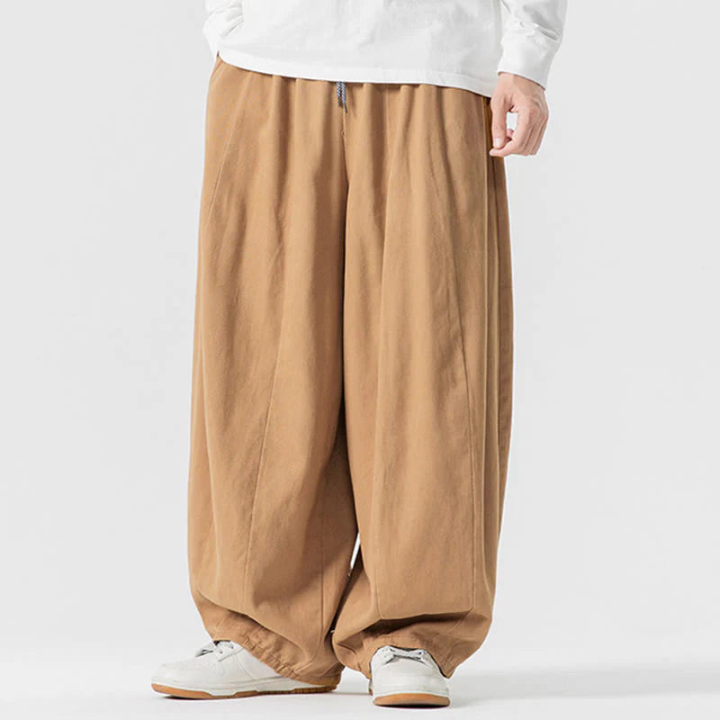 Buddha Stones Fall Solid Color Cotton Elastic Waist Men's Harem Pants With Pockets