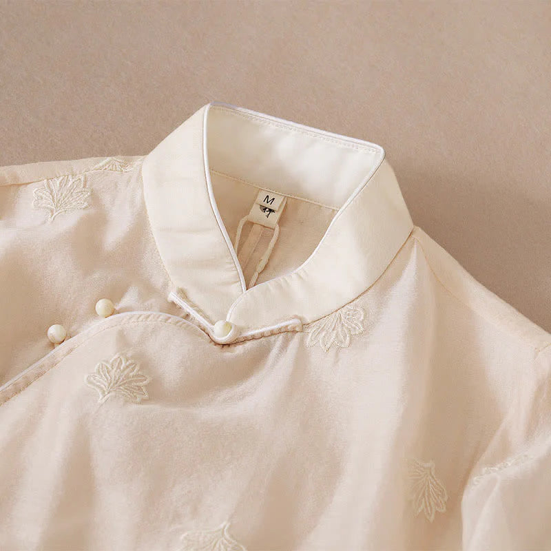 Buddha Stones Embroidery Flower Frog-Button Stand Collar Side Slit Short Sleeve Maxi Dress
