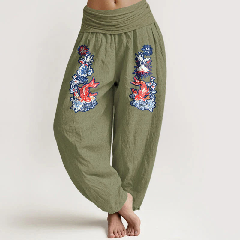 Buddha Stones Pure Cotton Striking Koi Fish Flower Pattern Women's Elastic Waist Harem Pants