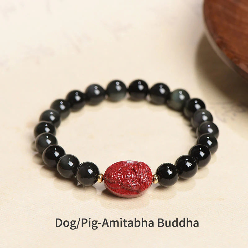 Buddha Stones Chinese Zodiac Natal Buddha Natural Black Obsidian Cinnabar Purification Bracelet (Extra 35% Off | USE CODE: FS35)