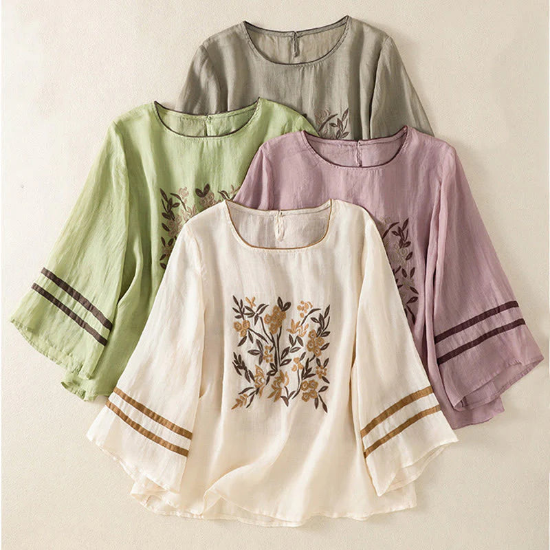 Buddha Stones Retro Embroidery Floral Three Quarter Sleeve Women's Cotton T-Shirt