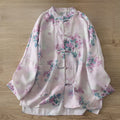 Buddha Stones Fall Purple Floral Green Leaves Print Frog-Button Stand Collar Long Sleeve Women's Cotton Shirt