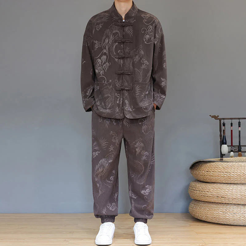 Buddha Stones 2Pcs Fall Winter Men's Tang Suit Dragon Frog-Button Cotton Corduroy Long Sleeve Jacket Pants Set With Pockets