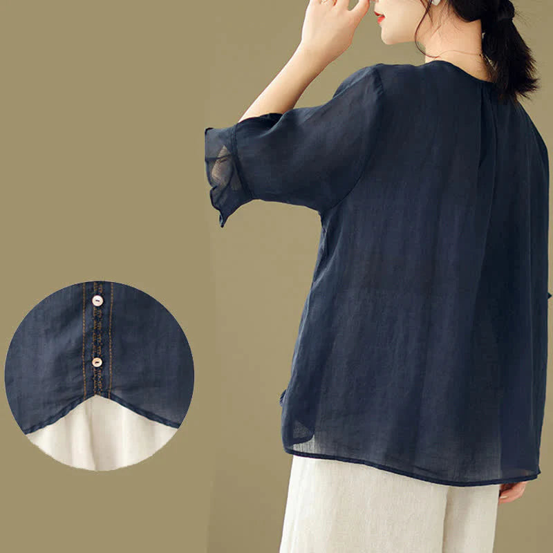 Buddha Stones Embroidery Buttons Crew Neck Flared Short Sleeve Women's Shirt
