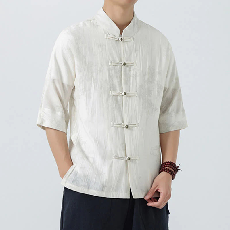 Buddha Stones Summer Pine Needles Pattern Short Sleeve Frog-Button Design Men's Shirt