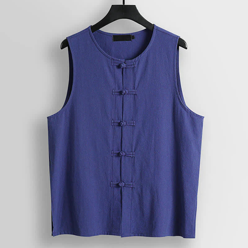 Buddha Stones Retro Frog-Button Crew Neck Men's Cotton Linen Sleeveless Vest