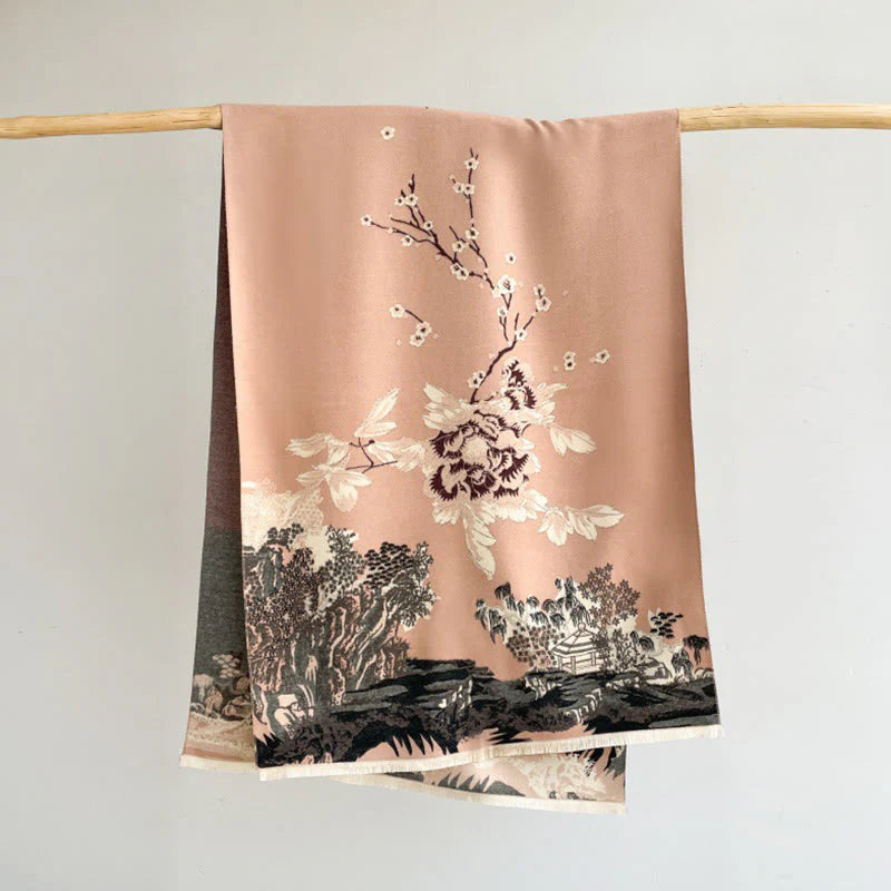 Buddha Stones Fall Flowers Trees Pavilion Pattern Cozy Scarf Shawl