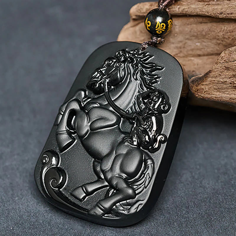 Buddha Stones Year of the Horse Monkey Pattern Om Mani Padme Hum Black Obsidian Strength Necklace Pendant