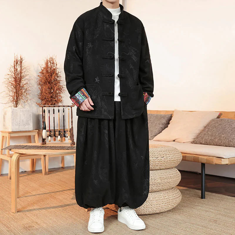 Buddha Stones 2Pcs Fall Winter Men's Tang Suit Dragon Frog-Button Cotton Long Sleeve Jacket Pants Set