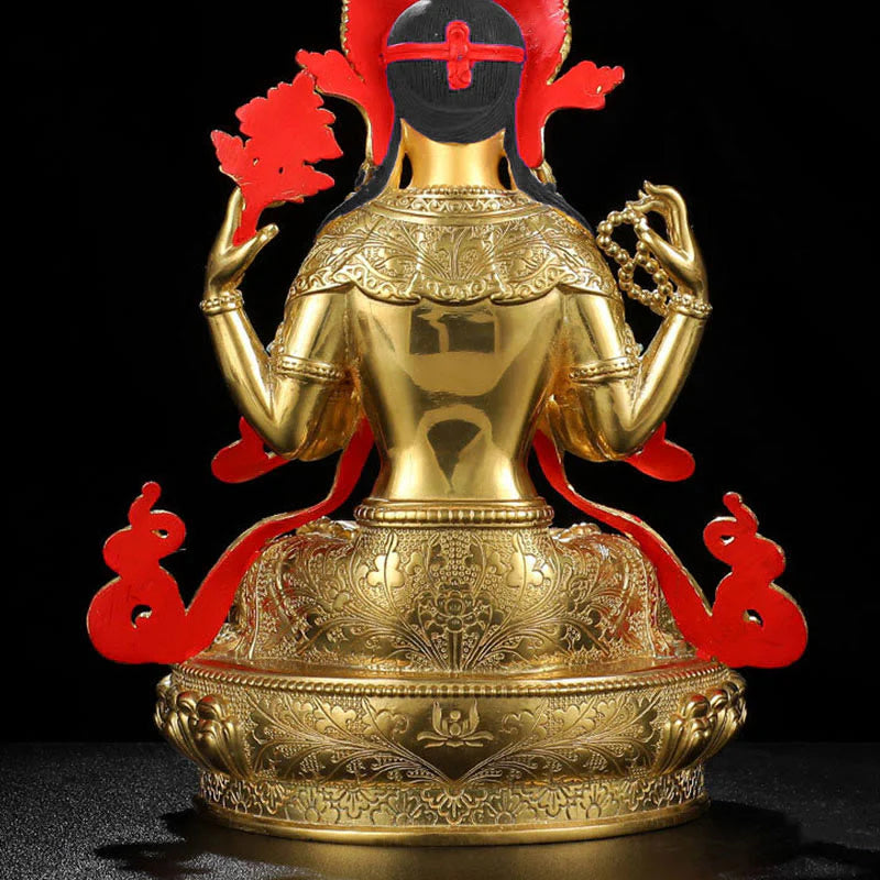 Buddha Stones Chenrezig Four-armed Avalokitesvara Protection Copper Gold Plated Statue Decoration