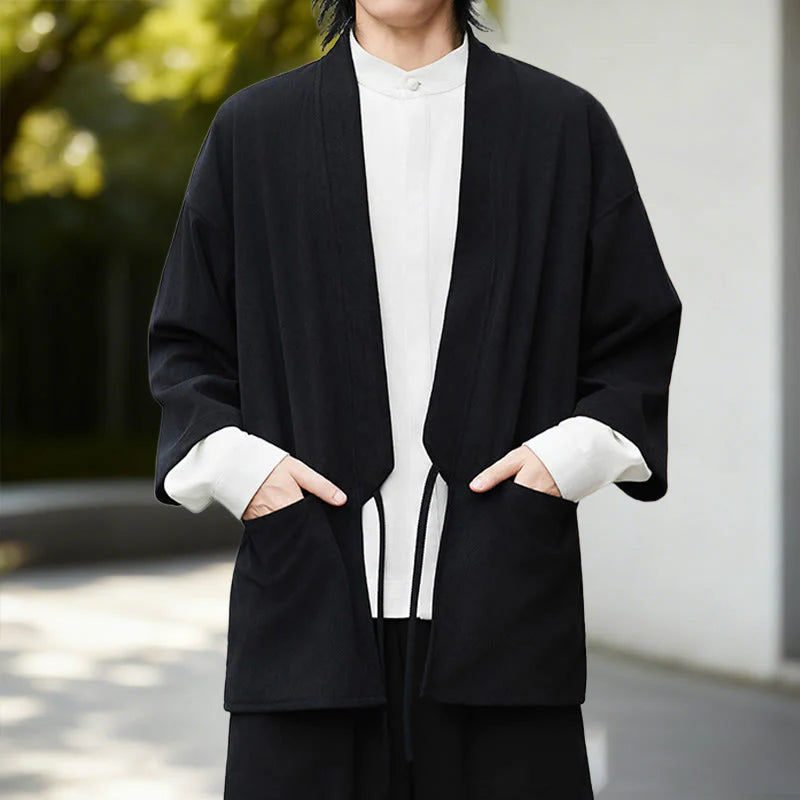 Buddha Stones Fall Solid Color White Men's Long Sleeve Cotton Linen Shirt Corduroy Kimono