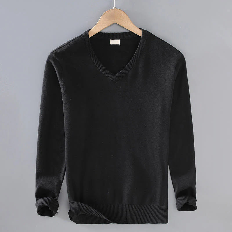 Buddha Stones Solid Color V-Neck Cotton Simple Design Men's Long Sleeve Sweater