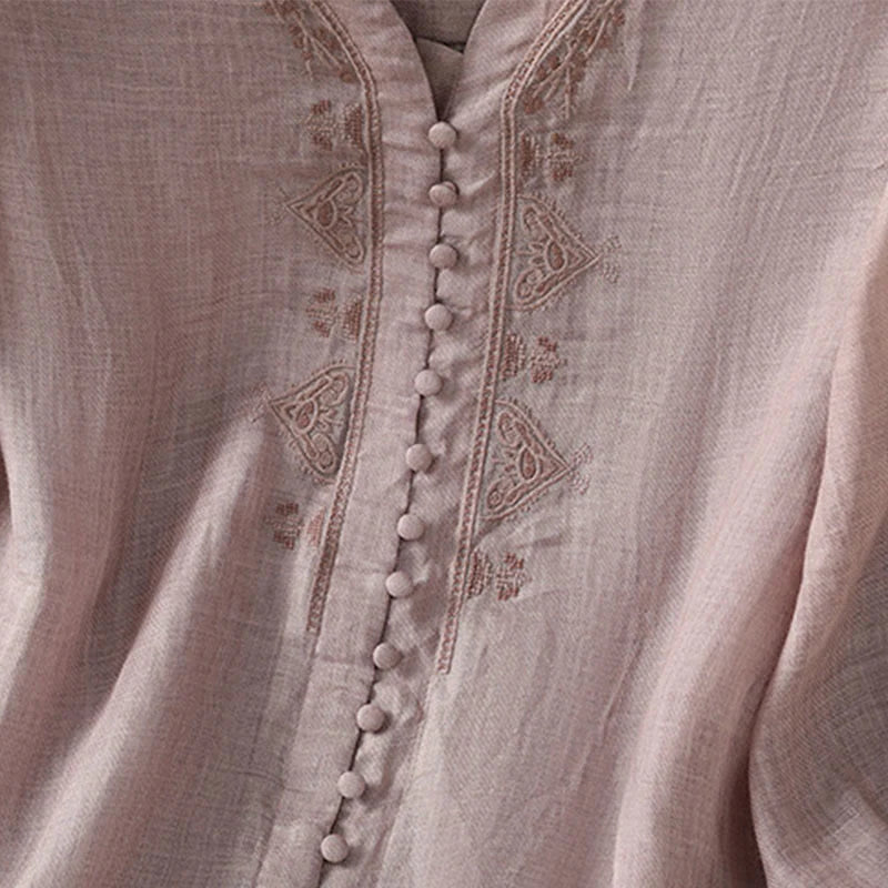 Buddha Stones Casual Embroidery Single Breasted Button Polyester Half Sleeve Women's V-neck Shirt