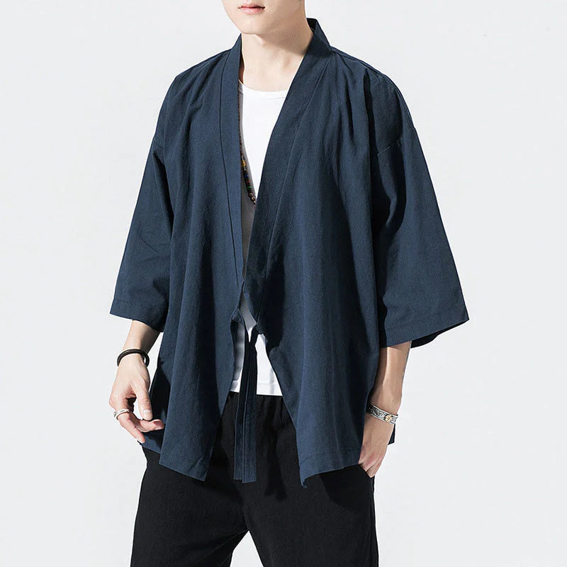 Buddha Stones Tang Suit Open Front Jacket Cotton Linen Men's Three Quarter Sleeve Kimono