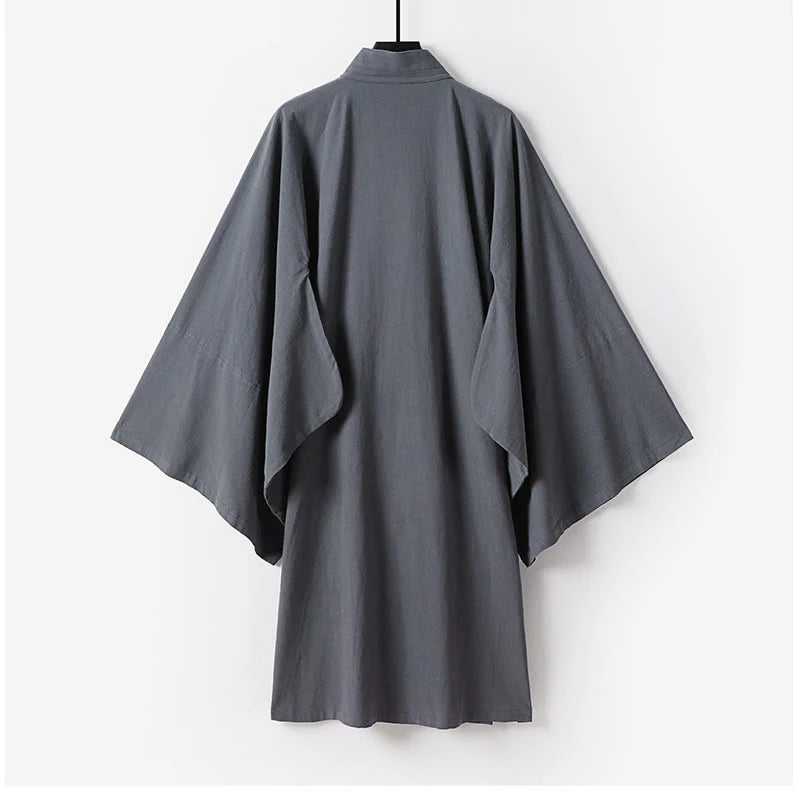 Buddha Stones 2Pcs Fall Solid Long Sleeve Men's Taoist Long Robe Lace-up Kimono Sleeveless Vest Qigong Ceremony Suit