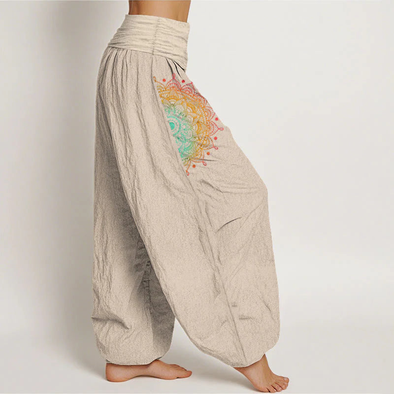 Buddha Stones Pure Cotton Simple Style Mandala Pattern Women's Elastic Waist Harem Pants