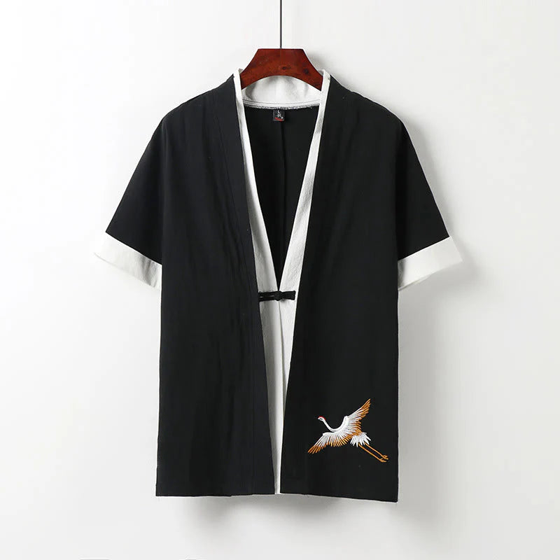 Buddha Stones Fake Two-piece Men's Half Sleeve Cardigan Embroidery Hanfu Comfort Cotton Kimono