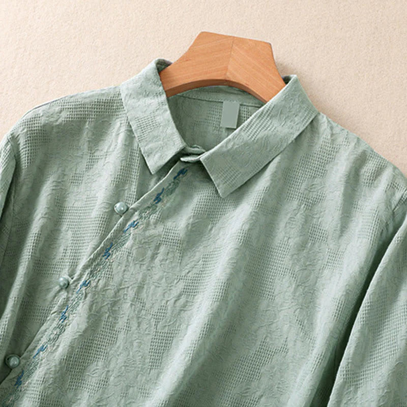 Buddha Stones Fall Embroidery Asymmetrical Design Frog-Button Women's Cotton Long Sleeve Shirt
