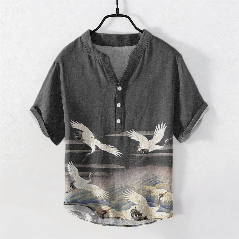 Buddha Stones Cotton Crane Waves Pattern Men's Short Sleeve Half Button Shirt