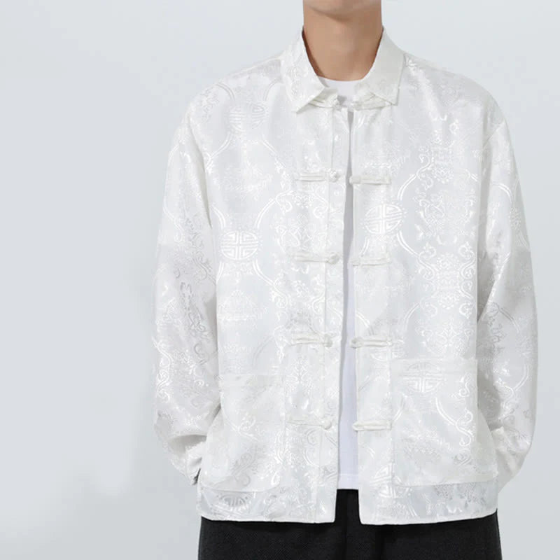 Buddha Stones Spring Jacquard Lapel Long Sleeve Men's Tang Suit Frog-Button Jacket With Pockets
