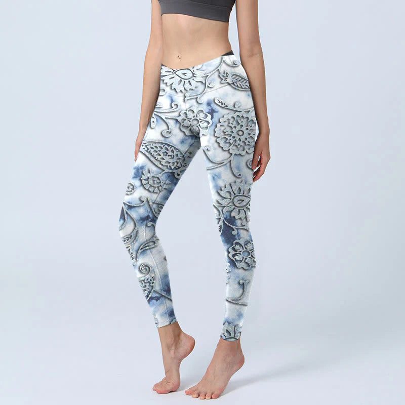 Buddha Stones White Round Flowers Print Exercise Leggings Women's Yoga Pants