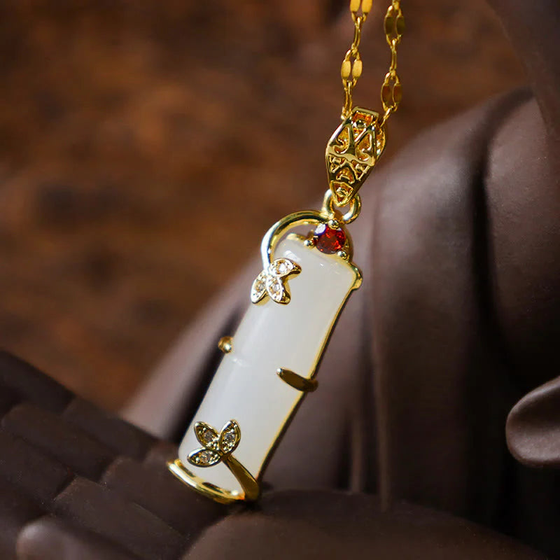 Buddha Stones White Jade Cyan Jade Bamboo Luck Protection Necklace Pendant