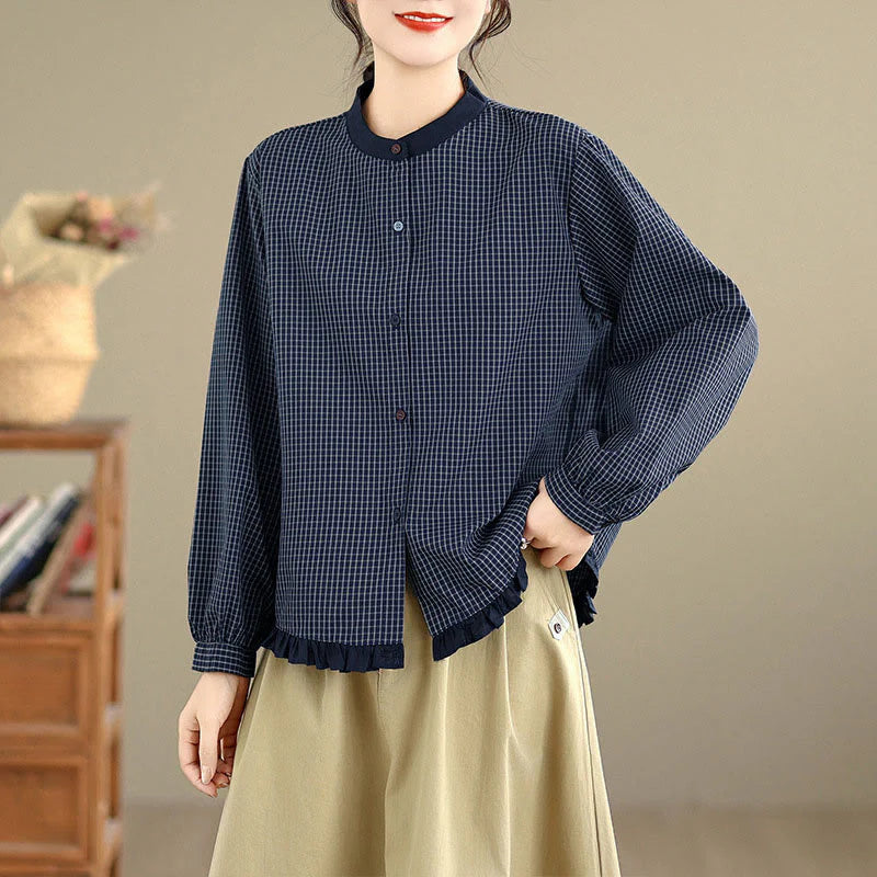 Buddha Stones Fall Plaid Striped Pattern Ruffled Hem Buttons Women's Cotton Long Sleeve Shirt