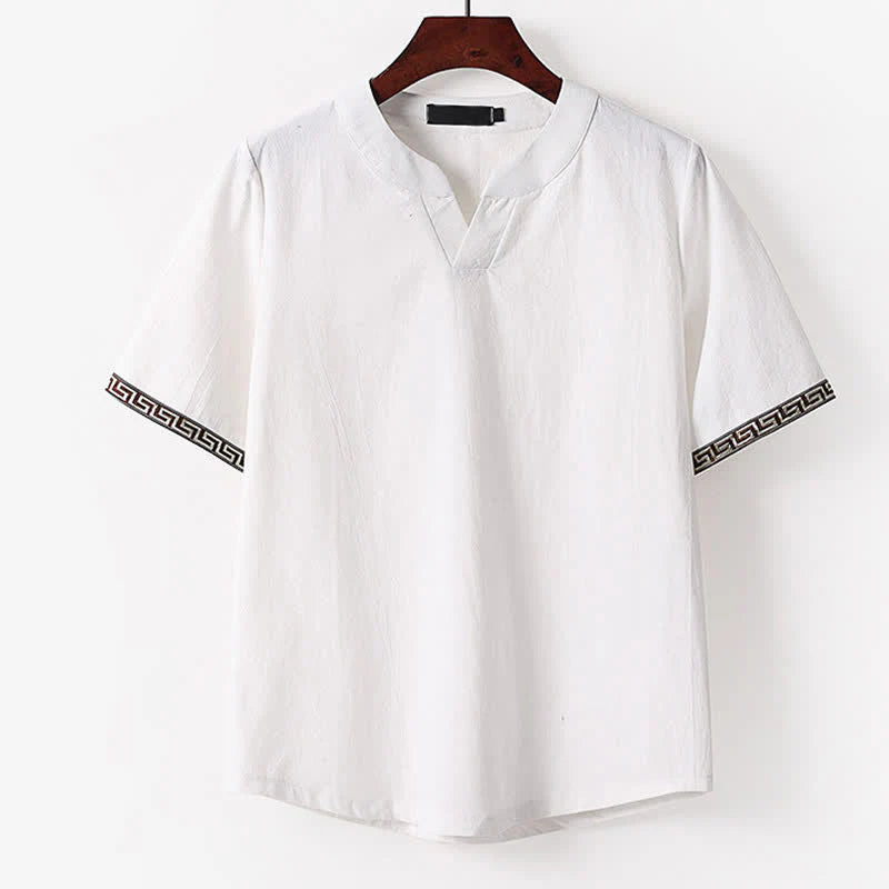 Buddha Stones Summer Embroidered Short Sleeve Notched Collar Men's Cotton Linen T-Shirt