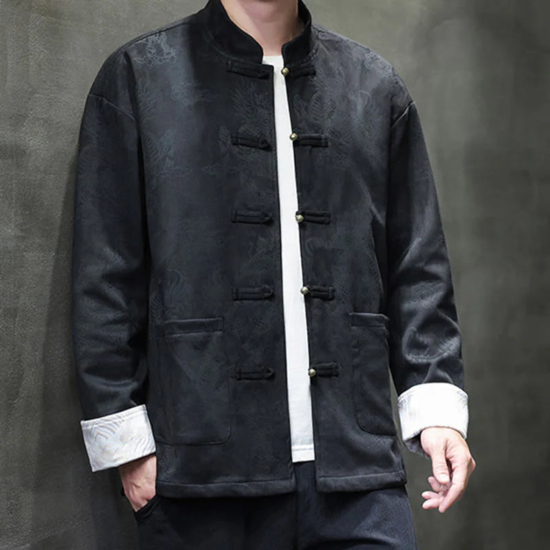 Buddha Stones Chinese New Year Kirin Print Frog-button Tang Suit Men's Jacket Shirt With Pockets