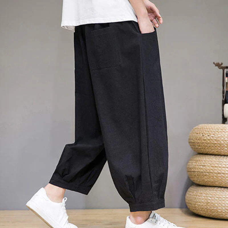Buddha Stones Casual Plain Men's Cotton 7-8 Length Harem Pants With Pockets