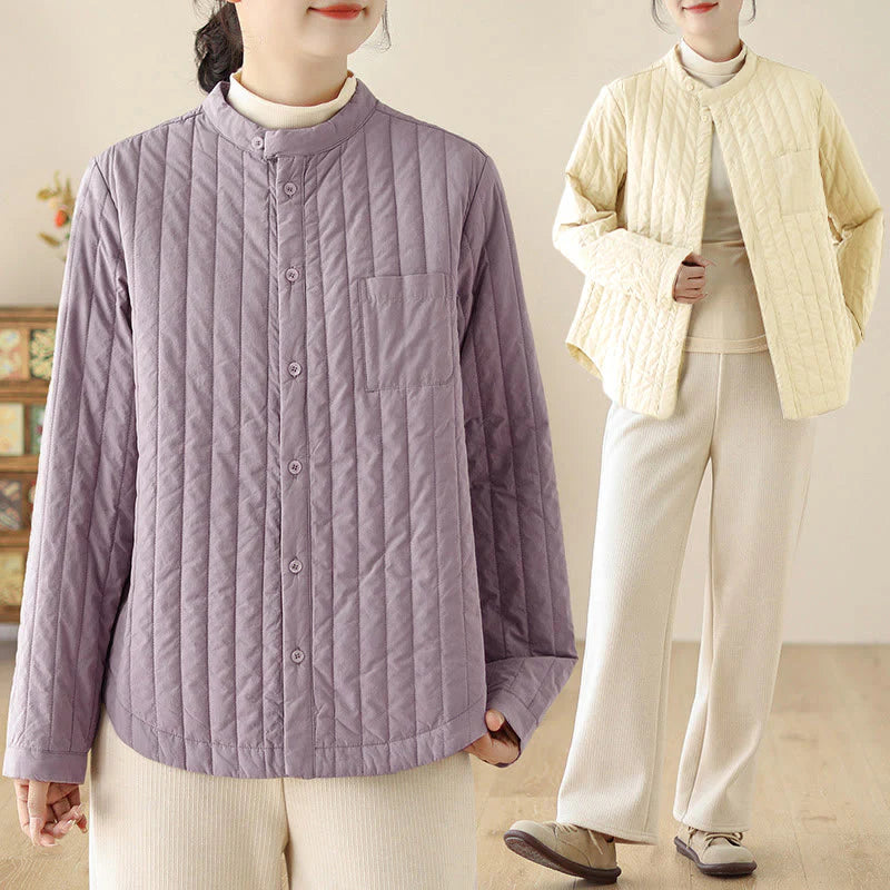 Buddha Stones Women's Stand Collar Simple Design Long Sleeve Thermal Cotton Jacket With Pocket