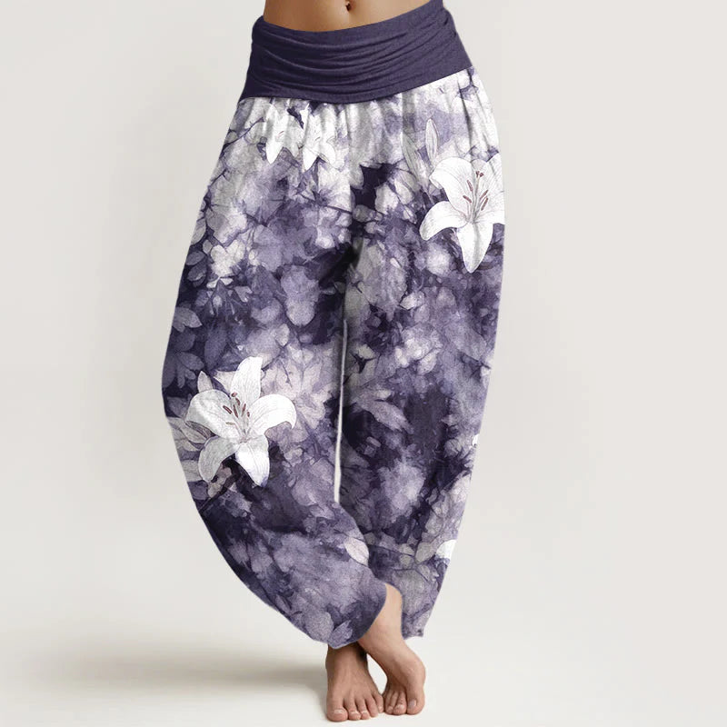 Buddha Stones Pure Cotton Watercolor Style Lily Pattern Women's Elastic Waist Harem Pants