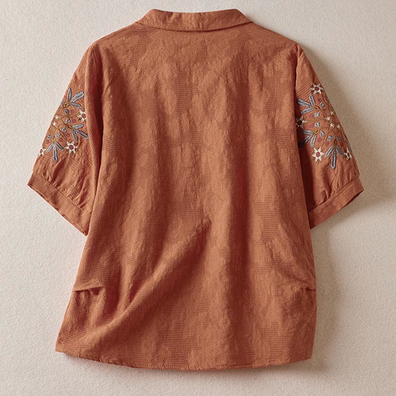 Buddha Stones Casual Floral Pattern Lapel Women's Cotton T-shirt