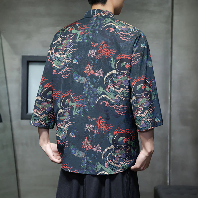 Buddha Stones Spring Frog-Button Dragon Mountain Flower Three Quarter Sleeve Tang Suit Men's Shirt With Pockets