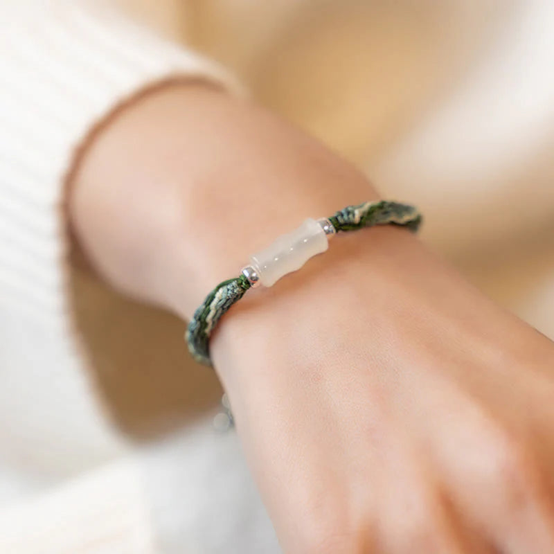 Buddha Stones White Jade Bamboo Reincarnation Knot Wealth Luck Strength String Bracelet